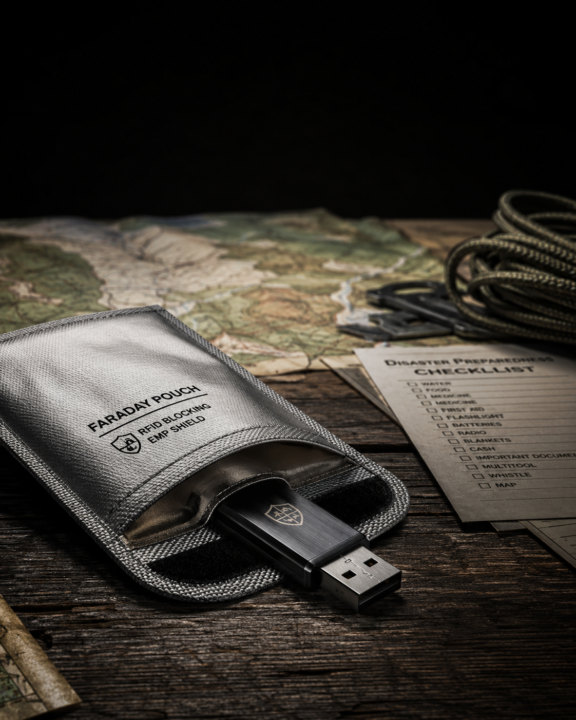 Ruggedized USB data drive sealed inside an EMP-shielded Faraday pouch